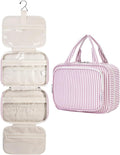 Striped Hanging Toiletry Bag for Women Travel Makeup Bag Organizer Toiletries Bag for Travel Size Essentials Accessories Cosmetics (Dusty Pink Stripe (Medium))