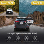 Front 2K+Rear 1080P Dash Cam Adapts for Toyota Highlander 2020-2026 & Highlander Hybrid (Gen4/UX70), OEM Style, Dual HD Video, WiFi & APP, Loop Recording, G-Sensor, Easy to Set, 64GB Card