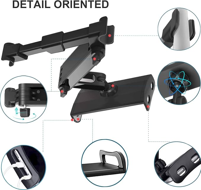Car Headrest Tablet Phone Mount, Black, 5-11" | Backseat Universal Cell Phone Holder, 360 Swivel Rotating, Angle Adjustable Stretchable