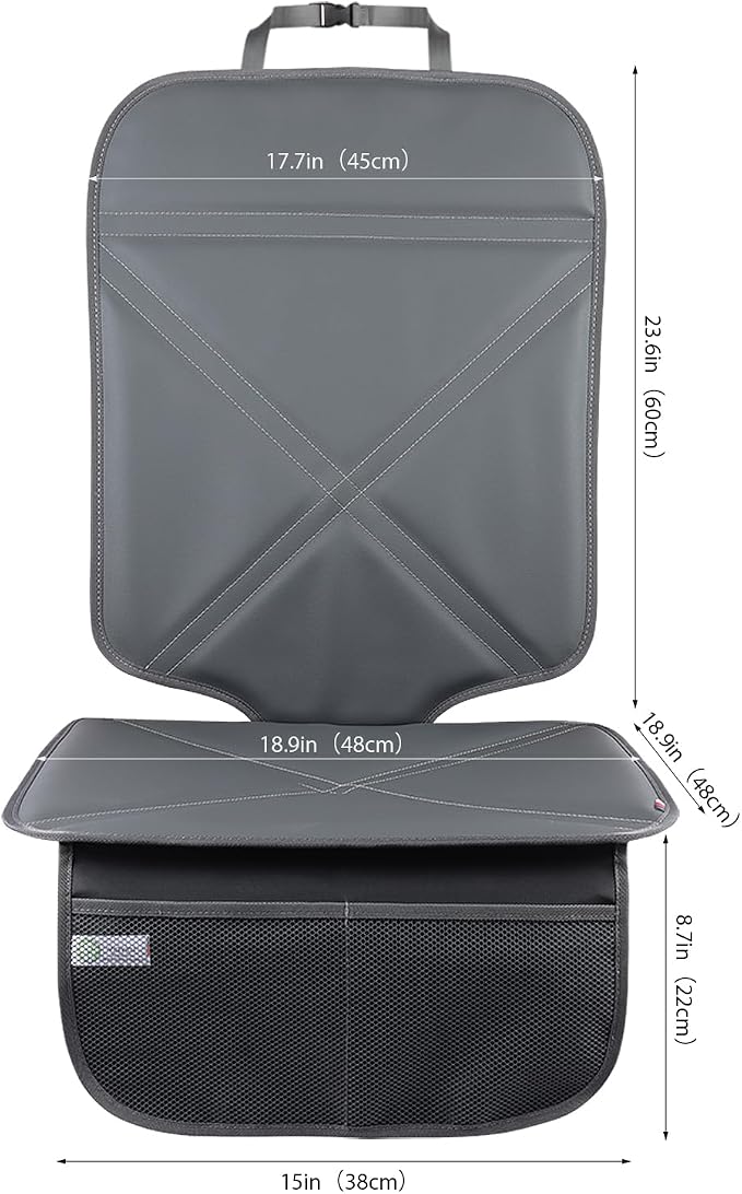 Car Seat Protector Leather Waterproof Child Safety Seat Protector Cover with Thick Pad and 2 Large Pockets Durable Kick Mat for All Auto Seat (Deep Gray)