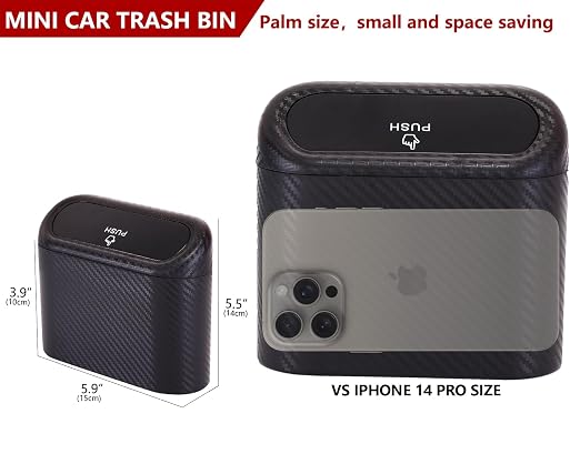 Mini Car Trash Can with Lid, Small Car Garbage Can, Cute Leakproof ABS Car Trash Bin, Car Accessories for Interior, Garbage Bin for Car, Home, Office with 120pcs Trash Bags Carbon Fibre