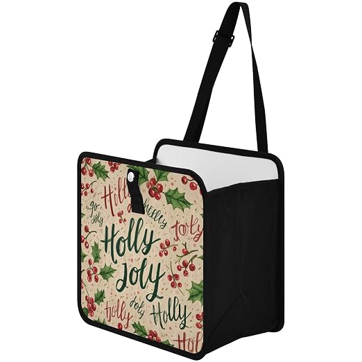 Car Trash Can Organizer Bin with Adjustable Strap for Back Front Seat Console Waterproof Leakproof Collapsible Portable 11 Inch Beige Cherries Holly Jolly