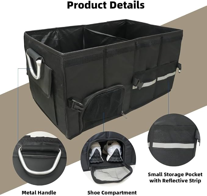 Trunk Organizer with Dedicated Shoe Compartment, Foldable Car Storage Organizer for SUV Sedan, Sturdy Automotive Organizer for Car Accessories Tools Sundries Black (X-Large)