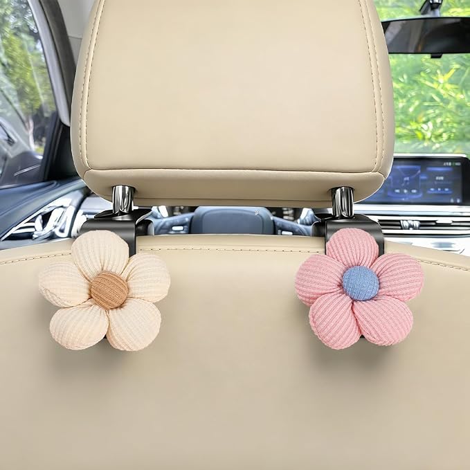 2PCS Car Seat Headrest Hook, Cute Flower Vehicle Backseat Purse Handbag Storage Hanger, Floral Auto Seat Back Holder Hook for Coat Umbrella Grocery, Universal for Vehicles (Beige/Pink)