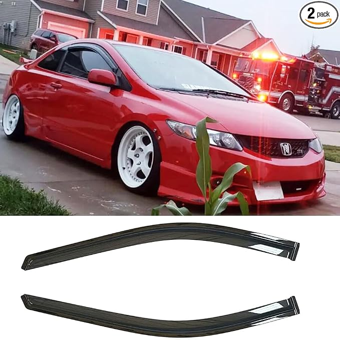 92410 Side Window Visor Vent Deflectors fit for 2006-2011 Honda Civic 2-Door Coupe,2pcs Outside Mount Tape-on Shatterproof Sun Rain Guards,Dark Smoke Window Shades
