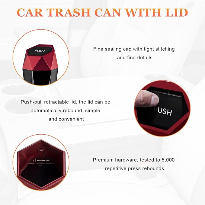 Car Trash Can with Lid, Diamond Design Leakproof Vehicle Cup Holder Garbage Can, Waterproof Trash Bin Mini Portable Garbage Organizer for Cars Homes Offices Bedrooms (Red)