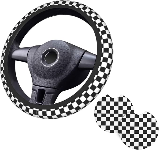 Racing Flag Steering Wheel Cover - 15 Inch Black White Checkered Steering Wheel Cover Anti-Slip Universal Checkered 2 Pcs Car Interior Cup Holder Pad for Men Women