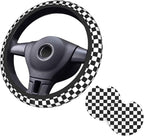 Racing Flag Steering Wheel Cover - 15 Inch Black White Checkered Steering Wheel Cover Anti-Slip Universal Checkered 2 Pcs Car Interior Cup Holder Pad for Men Women