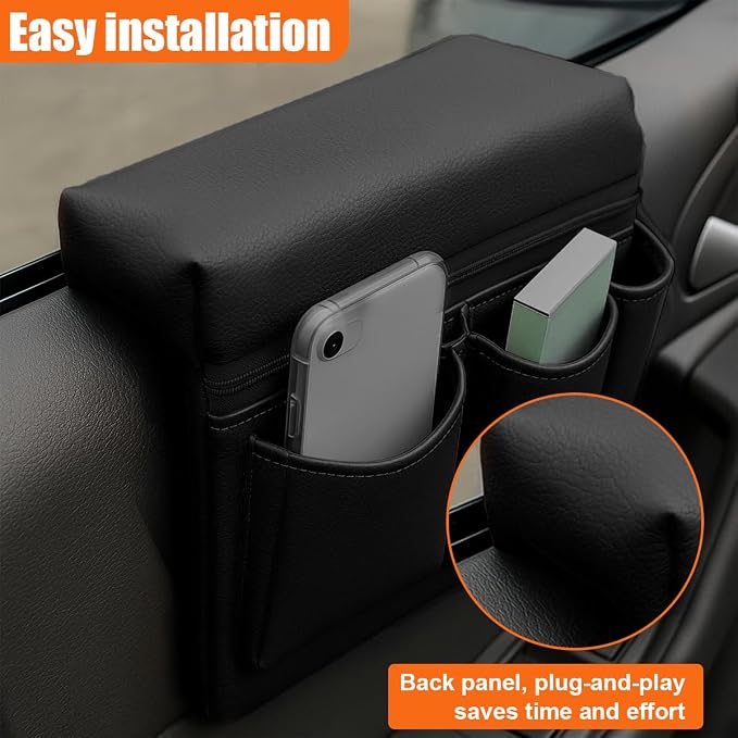 Car Window Armrest Storage Box, Leather Car Side Door Armrest Organizer Storage Bag with Multiple Pockets, Universal Comfortable Elbow Rest Pad Cushion for Auto Interior Accessories (Black)