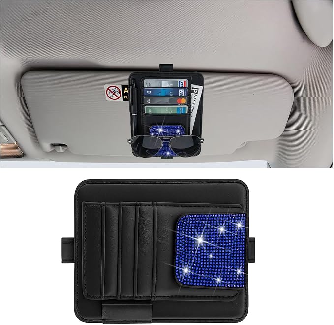 Bling Car Sun Visor Organizer, Multi Pocket Crystal Rhinestone Vehicle Sunshade Card Sleeve Storage Pouch with Pen Sunglass Holder, Auto Interior Visor Organizer Pouch, Universal Fit (Blue)