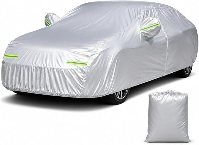 5-Layer Heavy Duty Car Cover for Sedans (185"L x 74"W x 60"H) | Waterproof Vinyl Outer,All-Weather Outdoor Indoor | Windproof Straps, Mirror Pockets, Door Zipper | UV Snow Rain Dust Protection