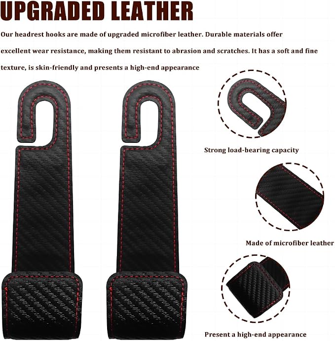 2PCS Car Seat Headrest Hooks, Purse Hook for Car, Automotive Headrest Handbags Holder, Auto Accessories Leather Seatback Organizer Hanger for Hanging Purses Bags Coats (Carbon Fiber, 1PCS)