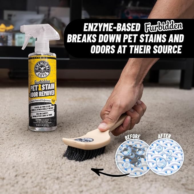 Pet Mess Cleaning Kit, Furbidden Odor Eliminator 16 oz with Interior Detailing Brush Cleans, Pet Smells, Hair and Light Dirt for Cars Trucks SUVs Home Interiors and Upholstery Care