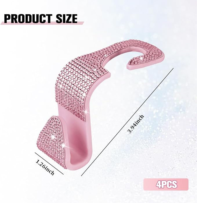 4PCS Bling Car Seat Headrest Hook, Crystal Rhinestone Backseat Hanger Organizer for Purse Handbag Umbrella, Shiny Auto Interior Seat Back Storage Holder Hook, Universal Fit (Pink2)
