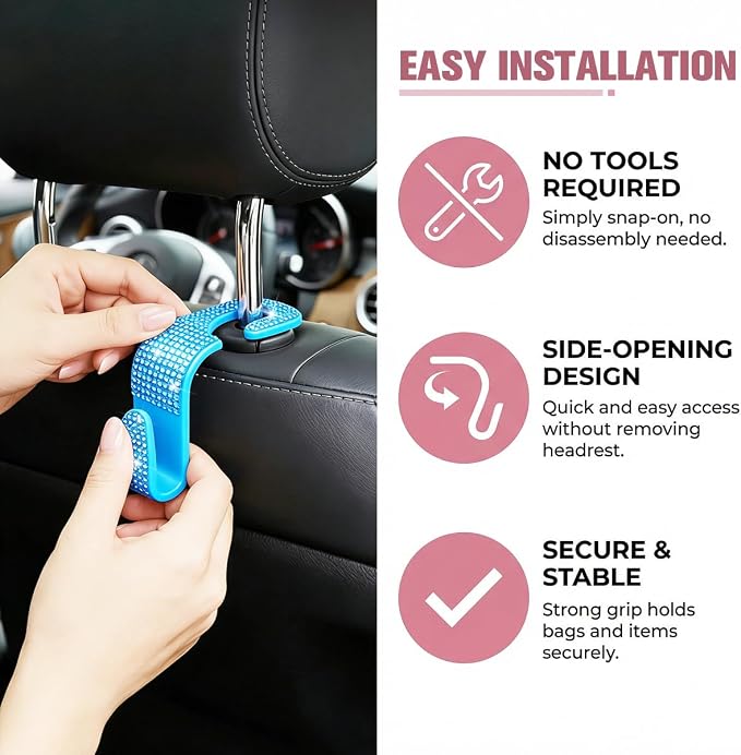 4PCS Bling Car Seat Headrest Hook, Crystal Rhinestone Backseat Hanger Organizer for Purse Handbag Umbrella, Shiny Auto Interior Seat Back Storage Holder Hook, Universal Fit (Lake Blue)