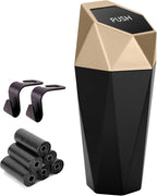 Car Trash Can Cup Holder, Mini Car Trash Can with Lid, Car Accessories for Interior, Leakproof Small Trash Cup for Car, Home with Additional 2 ABS Hooks and 90pcs Trash Bags Golden