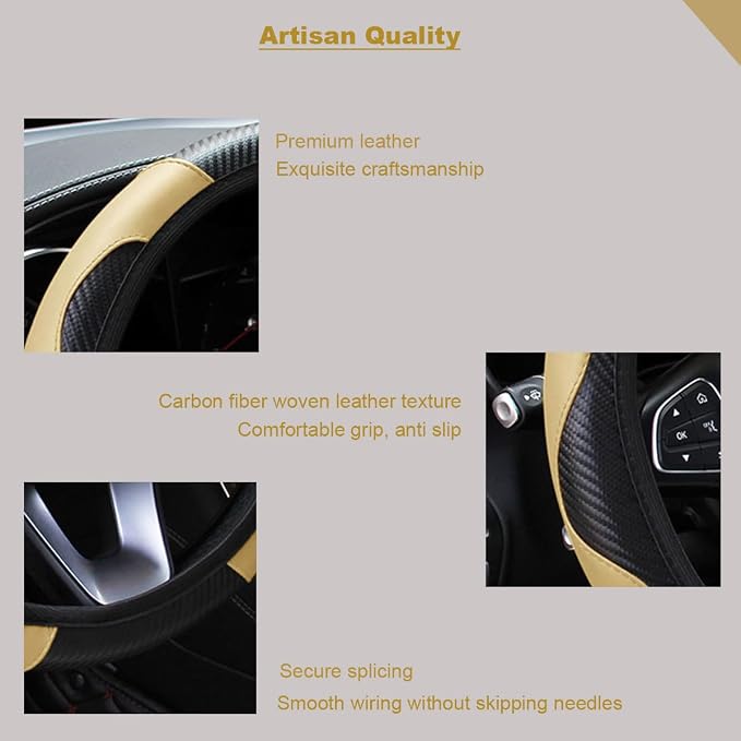 Ultra Fine Carbon Fiber Leather Steering Wheel Cover, Anti Slip and Sun Protective Protect The Steering Wheel, Easy to Install,Universal of 14.5"-15" (Beige)