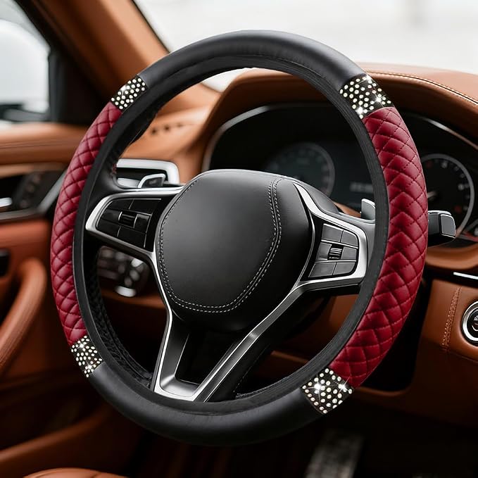 Bling Soft Leather Steering Wheel Cover, Steering Wheel Protector, 15 Inch Rhinestones Car Elastic Protector with Crystal Diamond for Women Girls, Car Accessory for Vehicles (Wine Red)