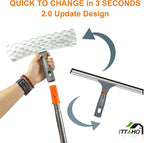 Squeegee for Window Cleaning,12" Squeegee and 11" Microfiber Scrubber Combi with Stainless Steel Pole,Extendable Window Cleaner for Car,Sliding Door,Shower Glass Door-Swivel Style-2 Pads