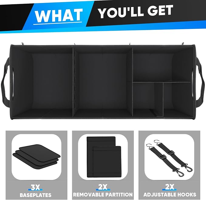 Large Car Trunk Organizer - with 5 Compartments Trunk Organizers and Storage SUV, Reinforced Handle, Securing Straps, Trunk Organizer Available for Car, SUV, Truck, Minivan