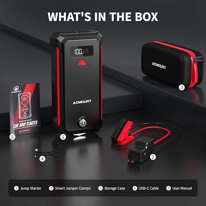 P100 Car Jump Starter, 5000A Peak Lithium Jump Starter Battery Pack for Up to 10.0L Gas or 8.0L Diesel Engine, Safe 12V Portable Battery Starter Power Pack with LED Screen & LED Light