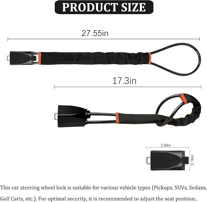 Car Steering Wheel Lock, Reliable Club Steering Wheel Lock Anti-Theft Device with 3 Keys, Max 17 Inch Length, Fits Most Vehicles, Trucks, SUVs, Vans, Golf Car Security Device - Black