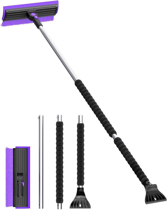 2025 Extra Long 55.7" Ice Scrapers for Car Windshield Multi-Functional Detachable Car Ice Scraper with Foam Grip and 270° Pivoting Brush Head Snow Brush for SUV Truck Auto(Purple)