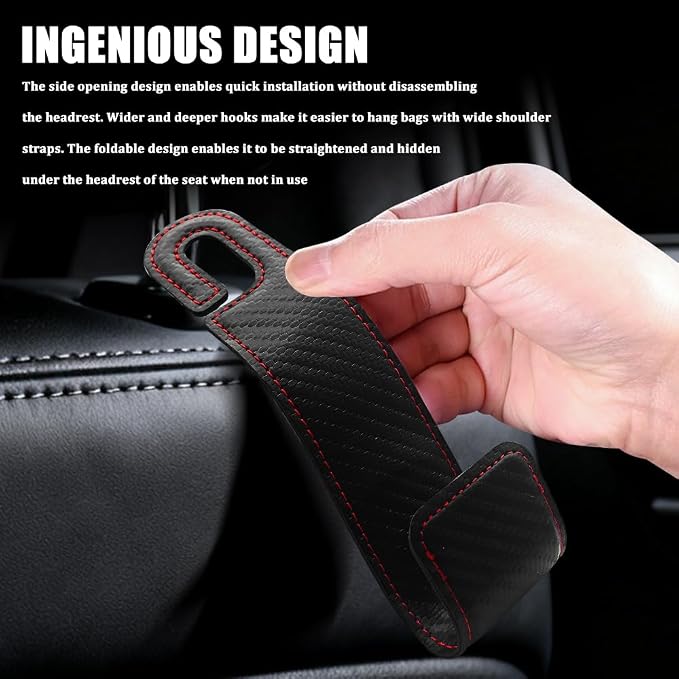 2PCS Car Seat Headrest Hooks, Purse Hook for Car, Automotive Headrest Handbags Holder, Auto Accessories Leather Seatback Organizer Hanger for Hanging Purses Bags Coats (Carbon Fiber, 1PCS)