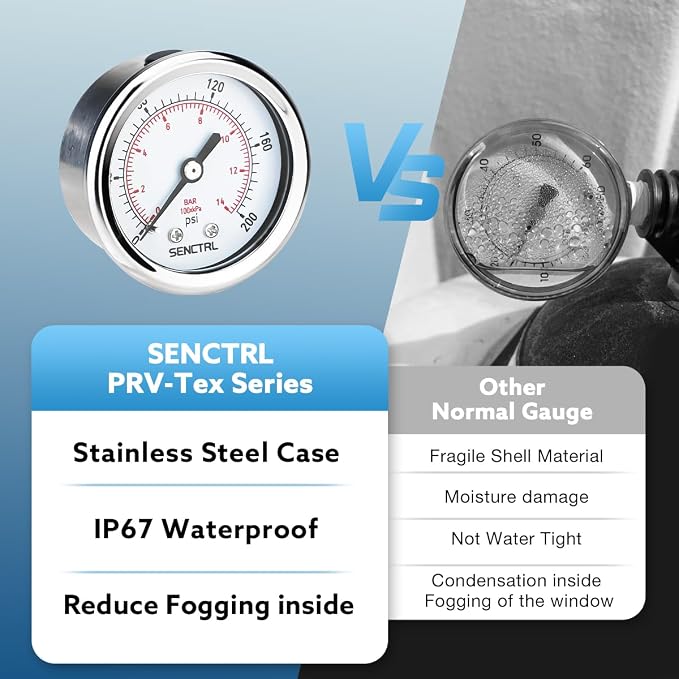 200 Psi Pressure Gauge, 2" Dial Size, 1/4 NPT Back Mount, Waterproof, Stainless Steel Case, for Water Filter Pneumatic Regulator Air Compressor Tire Pressure Test