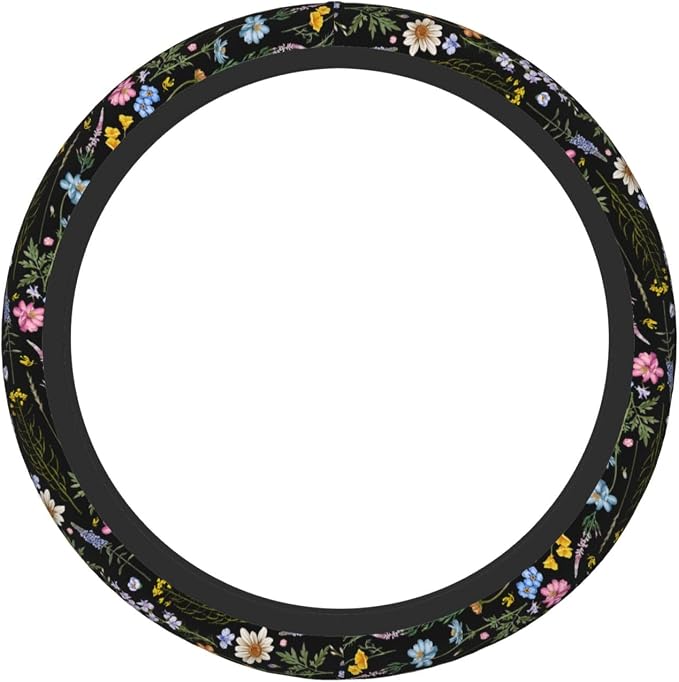Cute Wildflower Steering Wheel Cover for Women, Universal Auto Steering Wheel 14-15 Inch Car Interior Accessories with 2PCS Car Coasters, Suitable for Men and Women