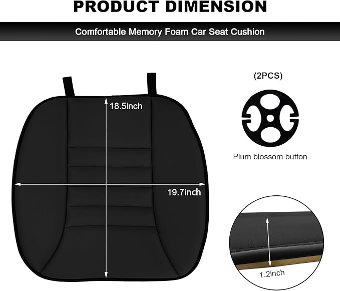 Car Seat Cushion, 1.2" Thick Comfort Memory Foam Auto Seat Pad with Non Slip Bottom, Breathable Driver Seats Pillow Pressure Relief Chair Cushion for Vehicle Office Home (Black)