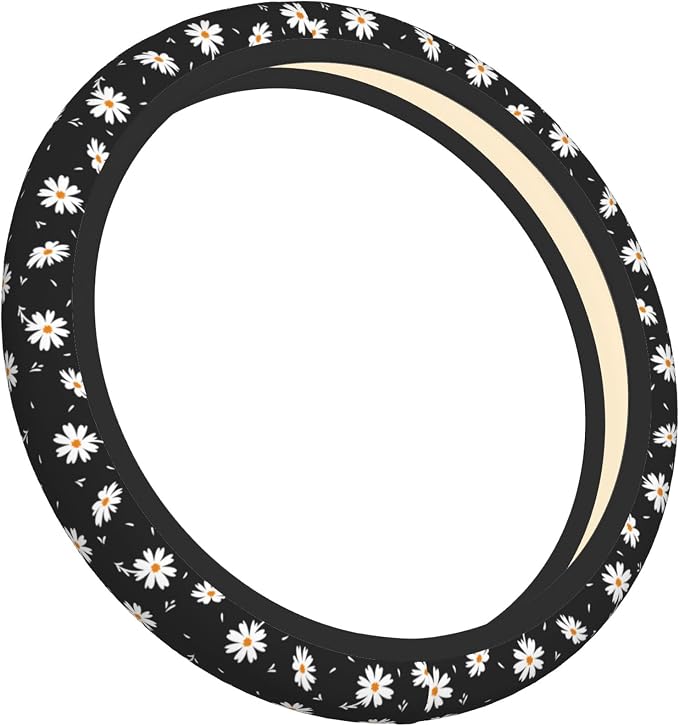 Daisy Floral Steering Wheel Cover Women Girls Cute Flower Car Steering Wheel Cover Black Anti-Slip Soft Neoprene Auto Accessories Interior Decor Protector Covers Gifts Elastic Universal 15 Inch