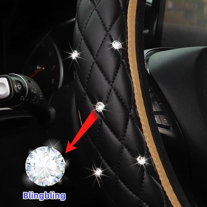 Bling Car Steering Wheel Cover, Non-Slip Elastic Stretch Leather Auto Steering Wheel Protector, Sparkling Diamond Vehicle Decor Accessories for Women Girls, Universal for Vehicles (Beige)