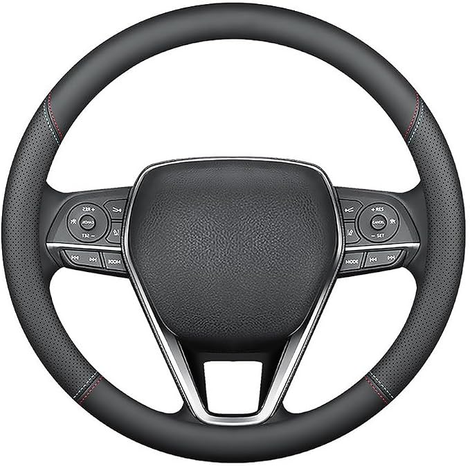 Nappa Premium Leather car Steering Wheel Cover, Non-Slip, Breathable, Universal 15 inches (red Blue line)