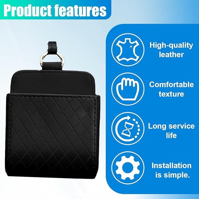 YoRise Car Air Vent Storage Bag, PU Leather Auto Hanging Storage Pouch with Hook, Portable Car Console Organizer, Vehicle Dashboard Organizer Accessories for Key, Cell Phone, Coin, Sunglasses (Black)