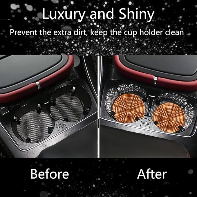 2pcs Bling Car Cup Holder Coaster, 2.75 inch Anti-Slip Shockproof Universal Fashion Car Coasters Insert Bling Crystal Rhinestone Automotive Interior Accessories for Women (2 pcs, Orange)