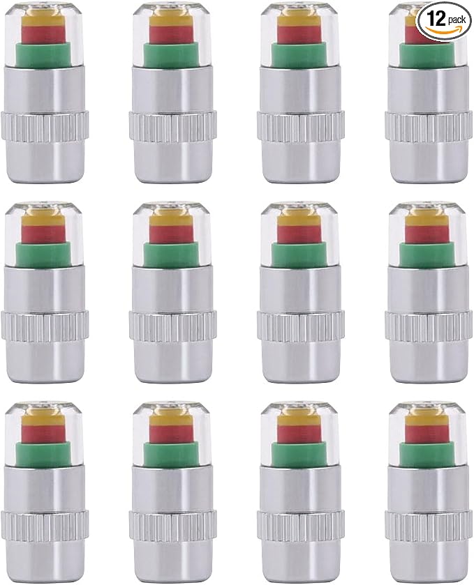 ZIMISI 12PCS Car Tire Pressure Monitor Valve Stem Caps, 2.4Bar 36PSI Tire Pressure Monitoring Caps, 3-Color Eye Alert Valve Stem Caps Sensor Indicator for Cars, SUVs, Trucks, Motorcycles (Silver)