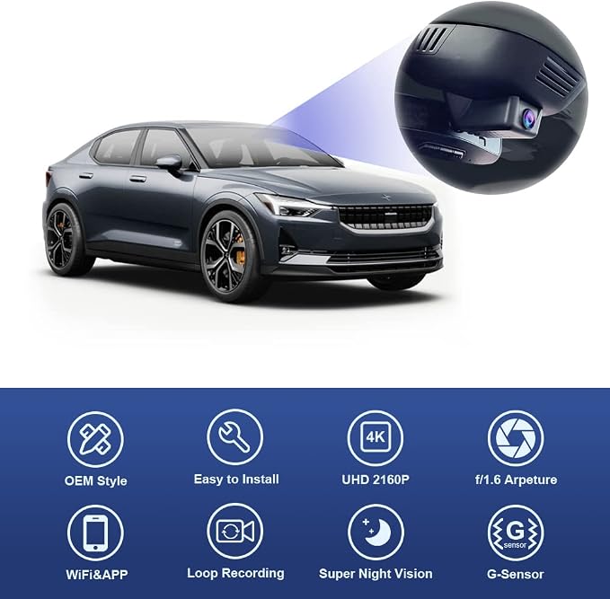 4K Dash Cam Suitable for Polestar 2 2021-2026 Peformance Plus Launch Edition, Integrated OEM Style, Ultra HD 2160P Video, Built-in WiFi & APP, Loop Recording, G-Sensor, Plug & Play, 64GB Card