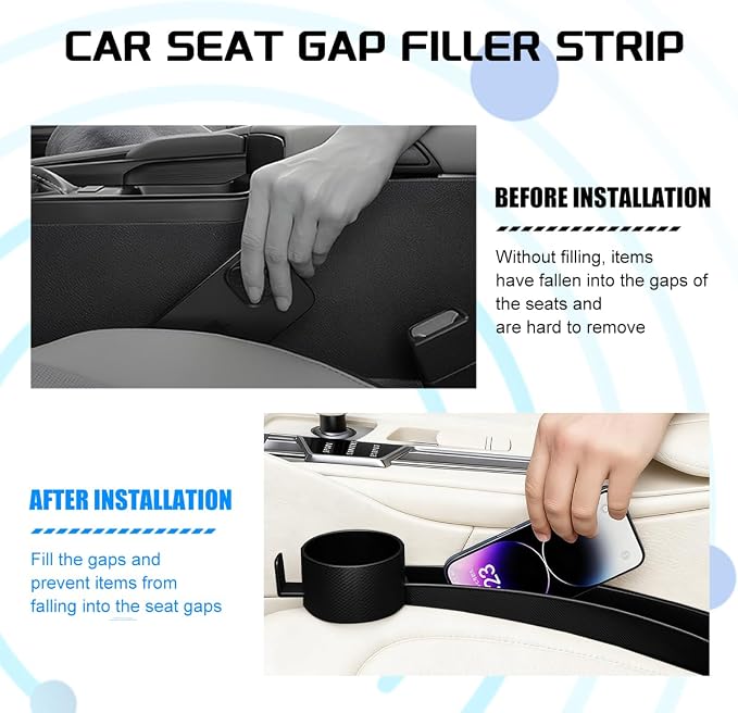 Car Seat Gap Filler, 2PCS Anti-Drop Multifunctional Vehicle Seat Side Gap Plug with Storage Slot, Automotive Blocker Seam Filler Console Organizer, Universal for SUV RV Truck (Black)