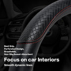 Steering Wheel Cover - Microfiber Leather, Classic Embossing, Anti-Slip Breathable, Fit 15 Inch (Black & Red Line)