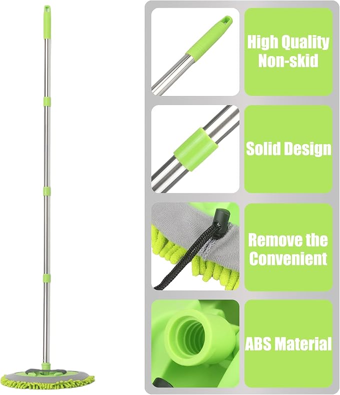 62 " Car Wash Mop Kit - Car Cleaning Mop with Long Handle Stainless Steel Pole for RVs, SUVs, Trucks and Buses (Green)