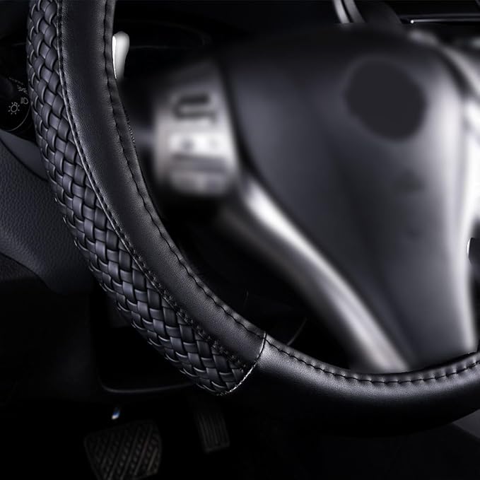 car Steering Wheel Cover Faux Leather Massage Universal fit 3D Honeycomb Hole Anti-Slip Sporty 15 Inches (Sliod Black Woven)