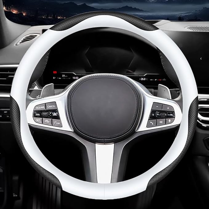 Leather Car Steering Wheel Cover, Elegant, Fashionable, Comfortable, Non-Slip, Breathable, Universal 15 inch, Black and White