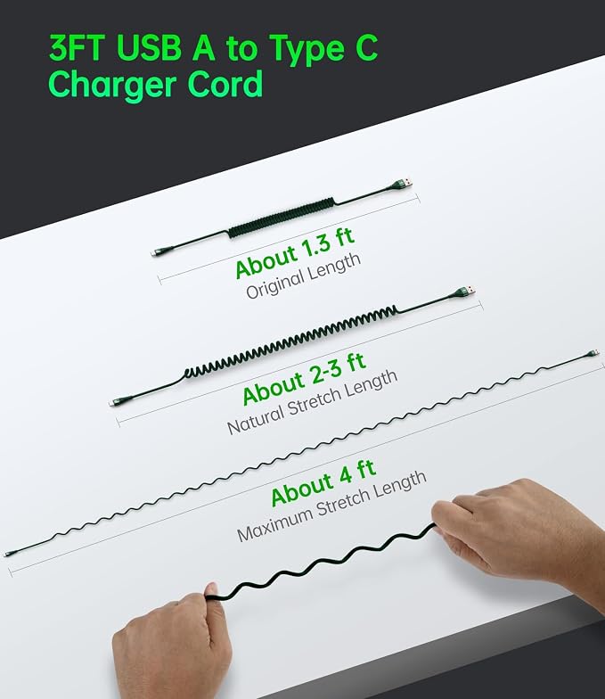 USB C Cable Fast Charging 60W 3FT/5FT, Coiled USB A to USB C Cable for Car, iPhone USB C Cable USB to Type C Charging for iPhone 17/16/15 Pro Max/Samsung Galaxy S20 S10 and More USB C Devices-Green
