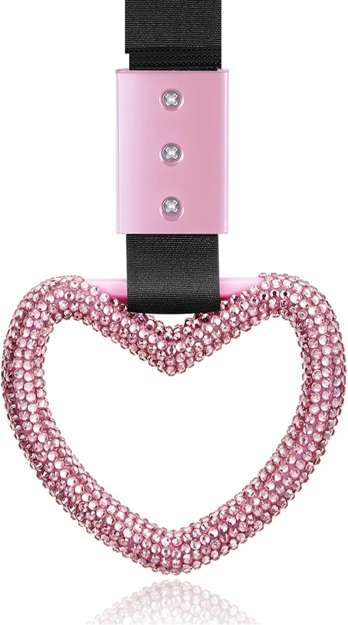 Bling Car Accessories Bling Heart Handle Ring Car Accessory for Women Hand Strap Drift Charm Rear Bumper Warning Ring Decor for auto Bus Interior Exterior Decoration (Pink, Heart Style)