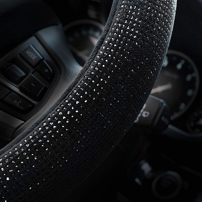 Steering Wheel Cover for Women Men Bling Bling Crystal Diamond Sparkling Car SUV Wheel Protector Universal Fit 15 Inch (Black with Black Diamond, Standard Size(14" 1/2-15" 1/4))