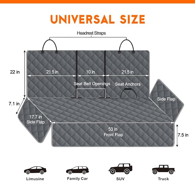 Dog Car Cover for Back Seat Pet Car Seat Cover Protector Waterproof Rear Seat Cover Nonslip Bench Car Seat Cover fits Middle Armrest for Most Cars Trucks SUVs (53” Width) - Grey