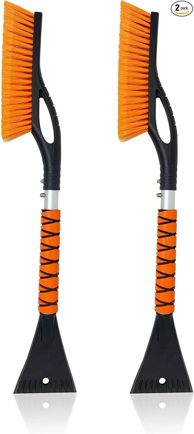27" Car Snow Brush and Ice Scrapers for Car Windshield (Orange - 2 Pack) | Scratch Free Bristle Head Snow Brush & Tough Window Snow Scraper with Aluminium Body