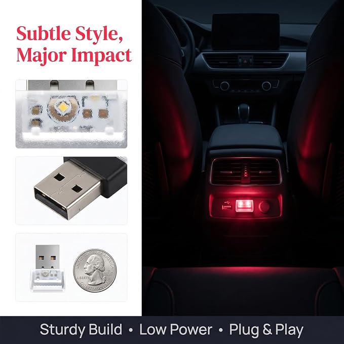 2PCS USB LED Car Interior Atmosphere Lamp, Portable Mini, Red | 5V USB-A plug-in, soft accent glow, no wiring, decor night light, car accessories for cars, SUVs, trucks