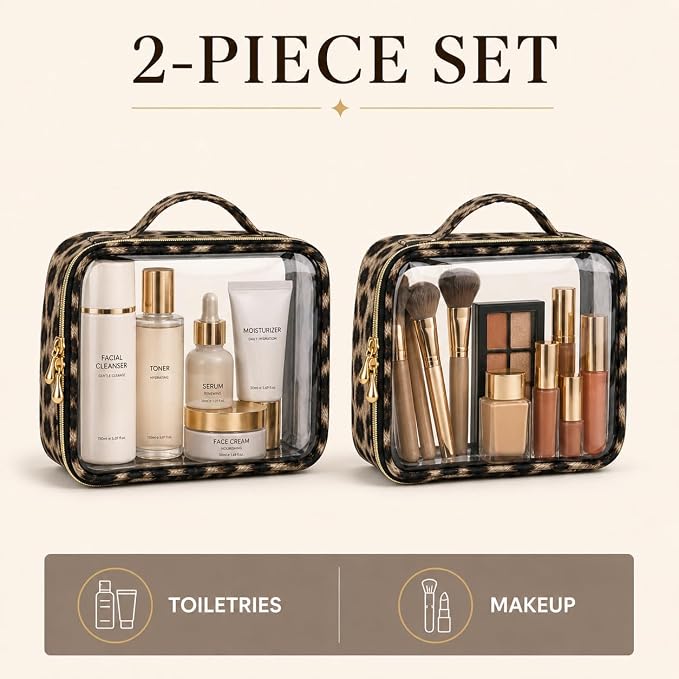 Clear Makeup Bags with Zipper, TSA Approved Travel Toiletry Bag, 2-Pack Large Clear Cosmetic Bag Handle, Waterproof Make Up Bag for Women, Car Bag Organizer & Car Organization Essentials